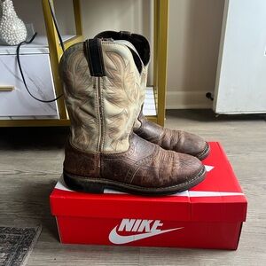 Justin Mens Western Cowboy Boots Leather Tan Shaft Round Toe Pull On